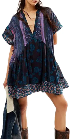 Melliflo Women's Bohemian Babydoll Dress Summer Hot Short Floral Dresses Short Sleeve V Neck Sundress Flowy Ruffle Dress