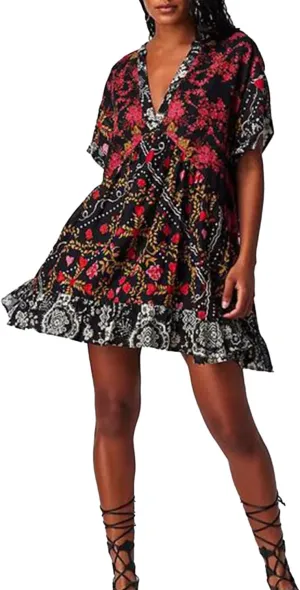 Melliflo Women's Bohemian Babydoll Dress Summer Hot Short Floral Dresses Short Sleeve V Neck Sundress Flowy Ruffle Dress