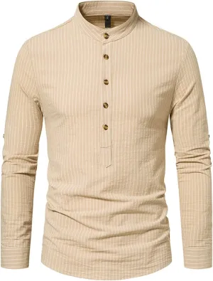 Mens Button Up Striped Work Shirts Long Sleeve Stand Collar Slim Fit Dress Shirts Casual Cotton Western Poplin Shirt