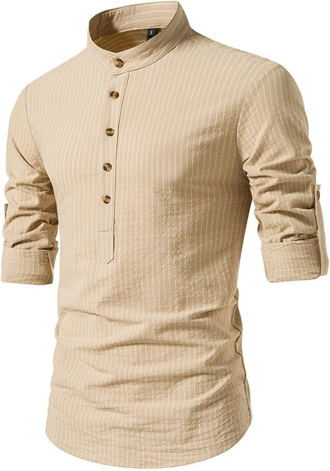 Mens Button Up Striped Work Shirts Long Sleeve Stand Collar Slim Fit Dress Shirts Casual Cotton Western Poplin Shirt