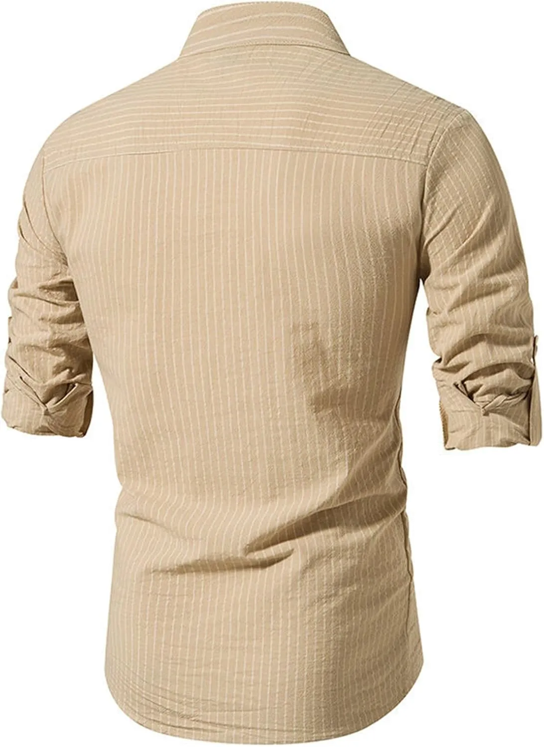 Mens Button Up Striped Work Shirts Long Sleeve Stand Collar Slim Fit Dress Shirts Casual Cotton Western Poplin Shirt