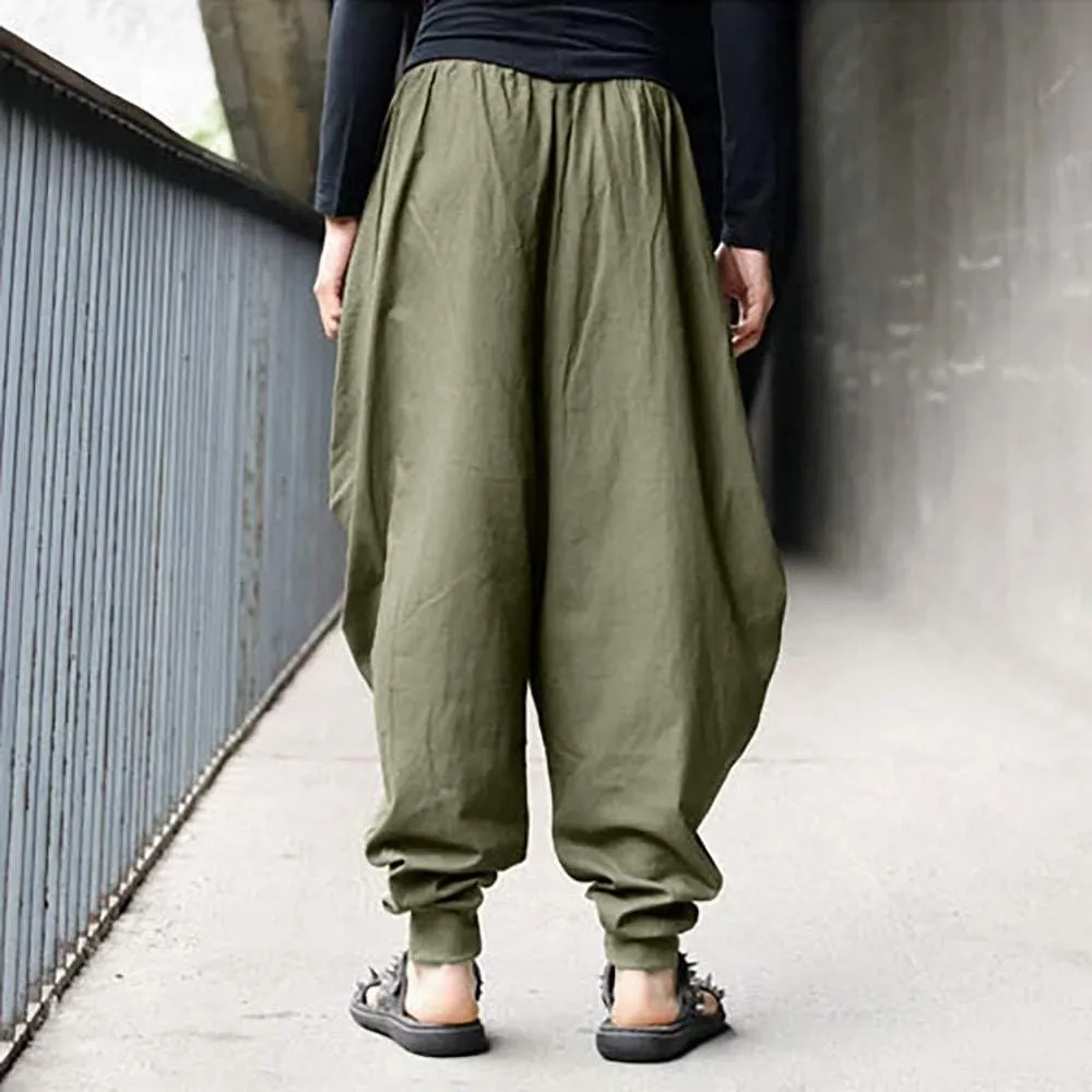 Mens Casual Hip Hop Harem Pants Baggy Linen Boho Yoga Drop Crotch Trousers Drawstring Elastic Waist Jogger Sweatpants