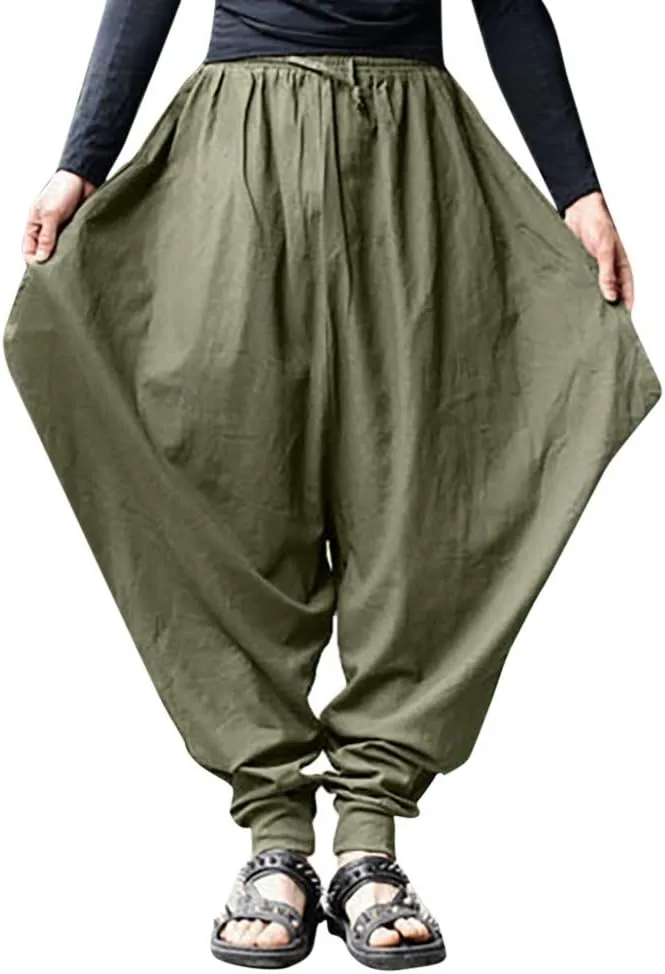Mens Casual Hip Hop Harem Pants Baggy Linen Boho Yoga Drop Crotch Trousers Drawstring Elastic Waist Jogger Sweatpants