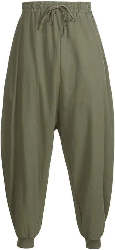 Mens Casual Hip Hop Harem Pants Baggy Linen Boho Yoga Drop Crotch Trousers Drawstring Elastic Waist Jogger Sweatpants