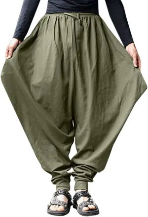 Mens Casual Hip Hop Harem Pants Baggy Linen Boho Yoga Drop Crotch Trousers Drawstring Elastic Waist Jogger Sweatpants