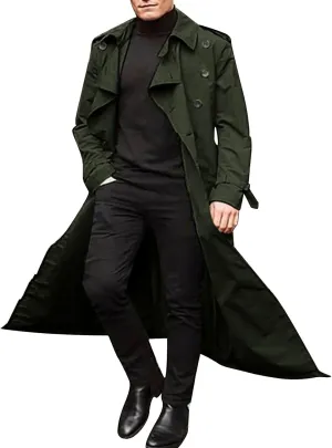 Mens Double Breasted Long Trench Coat Notched Lapel Long Pea Coat Lightweight Oversized Casual Windbreaker Coatigans