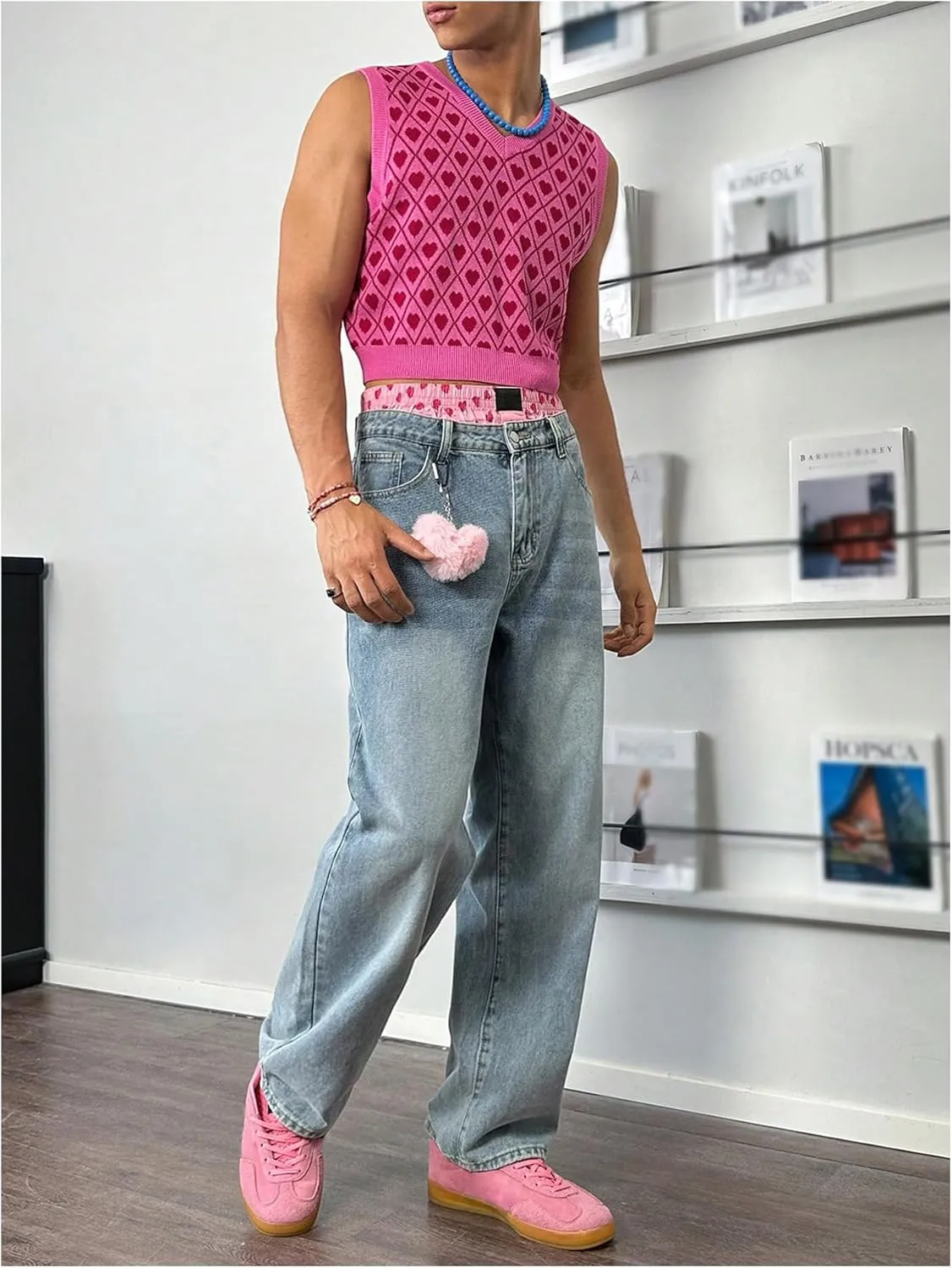 Men's Heart Graphic Printed Sleeveless V Neck Sweater Vests Cropped Knit Tank Tops