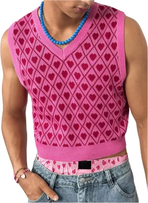 Men's Heart Graphic Printed Sleeveless V Neck Sweater Vests Cropped Knit Tank Tops