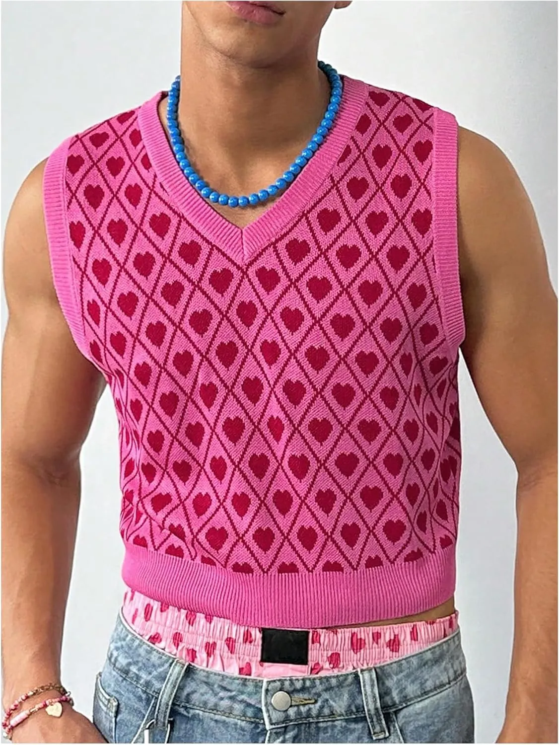 Men's Heart Graphic Printed Sleeveless V Neck Sweater Vests Cropped Knit Tank Tops