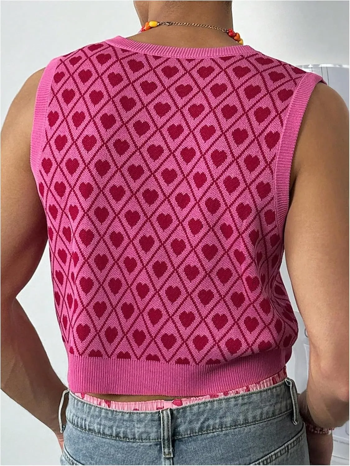 Men's Heart Graphic Printed Sleeveless V Neck Sweater Vests Cropped Knit Tank Tops