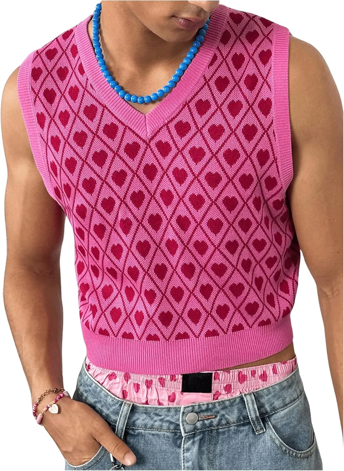 Men's Heart Graphic Printed Sleeveless V Neck Sweater Vests Cropped Knit Tank Tops