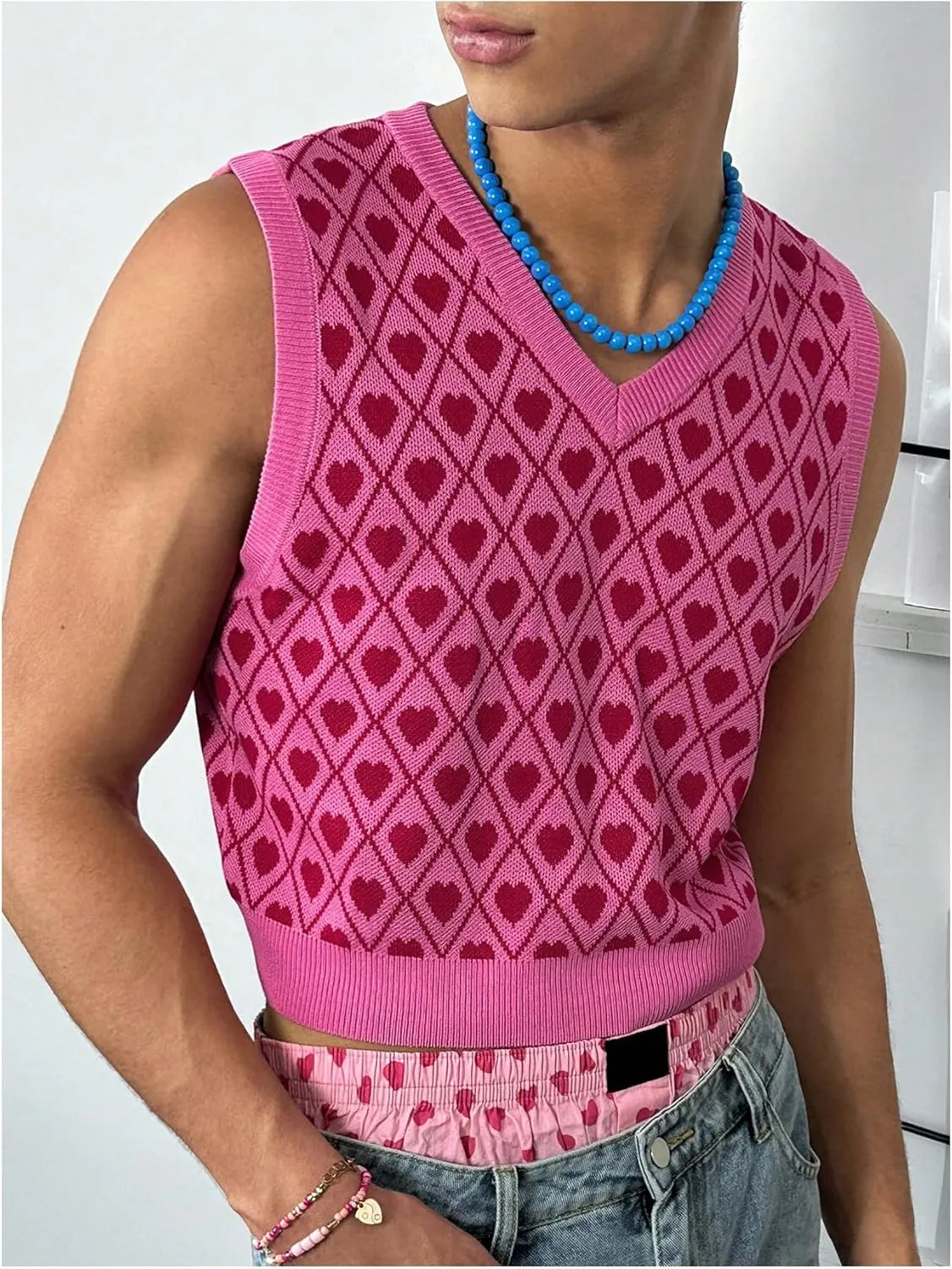 Men's Heart Graphic Printed Sleeveless V Neck Sweater Vests Cropped Knit Tank Tops