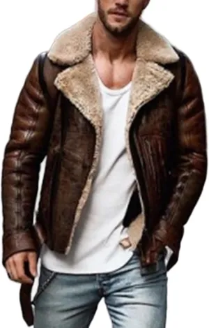 Men's Lamb Wool Bomber Jackets Faux Leather Sherpa Fleece Lined Coats Heavyweight Suede Faux Fur Trench-Coat