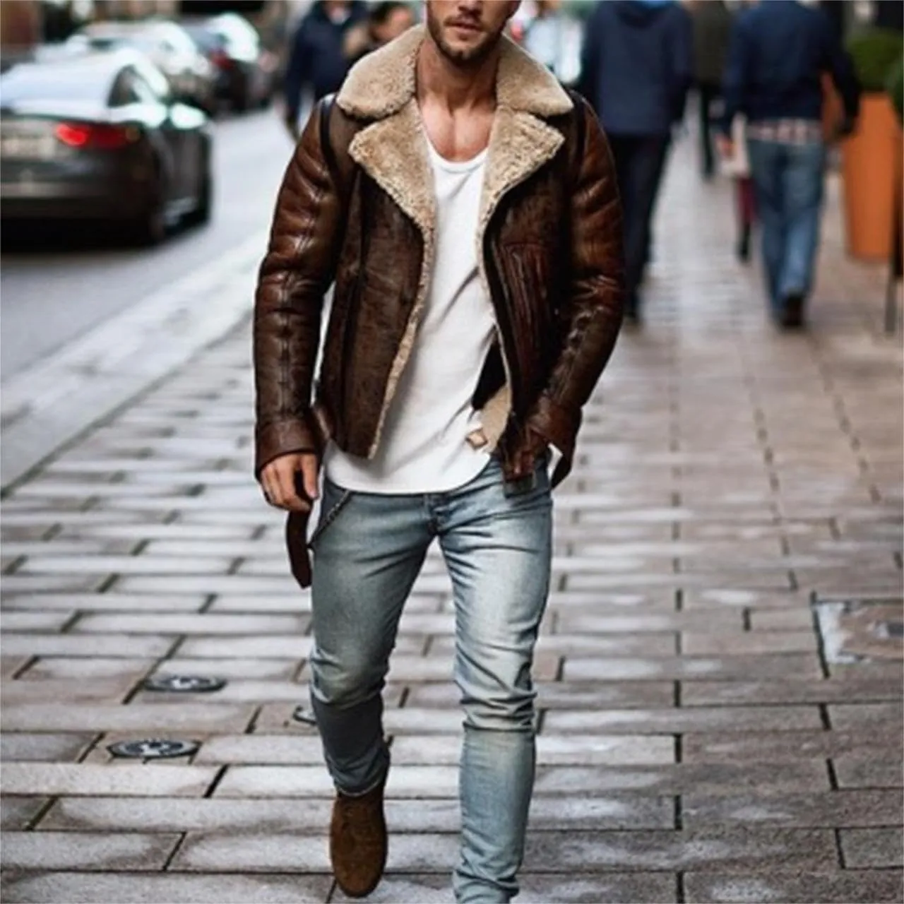 Men's Lamb Wool Bomber Jackets Faux Leather Sherpa Fleece Lined Coats Heavyweight Suede Faux Fur Trench-Coat