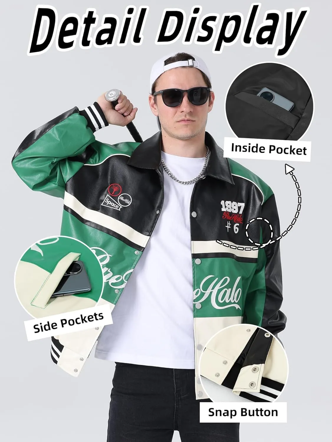 Mens Leather Varsity Jackets Vintage Graphic Racing Motorcycle Bomber Jackets Loose Streetwear Coats Fall&winter