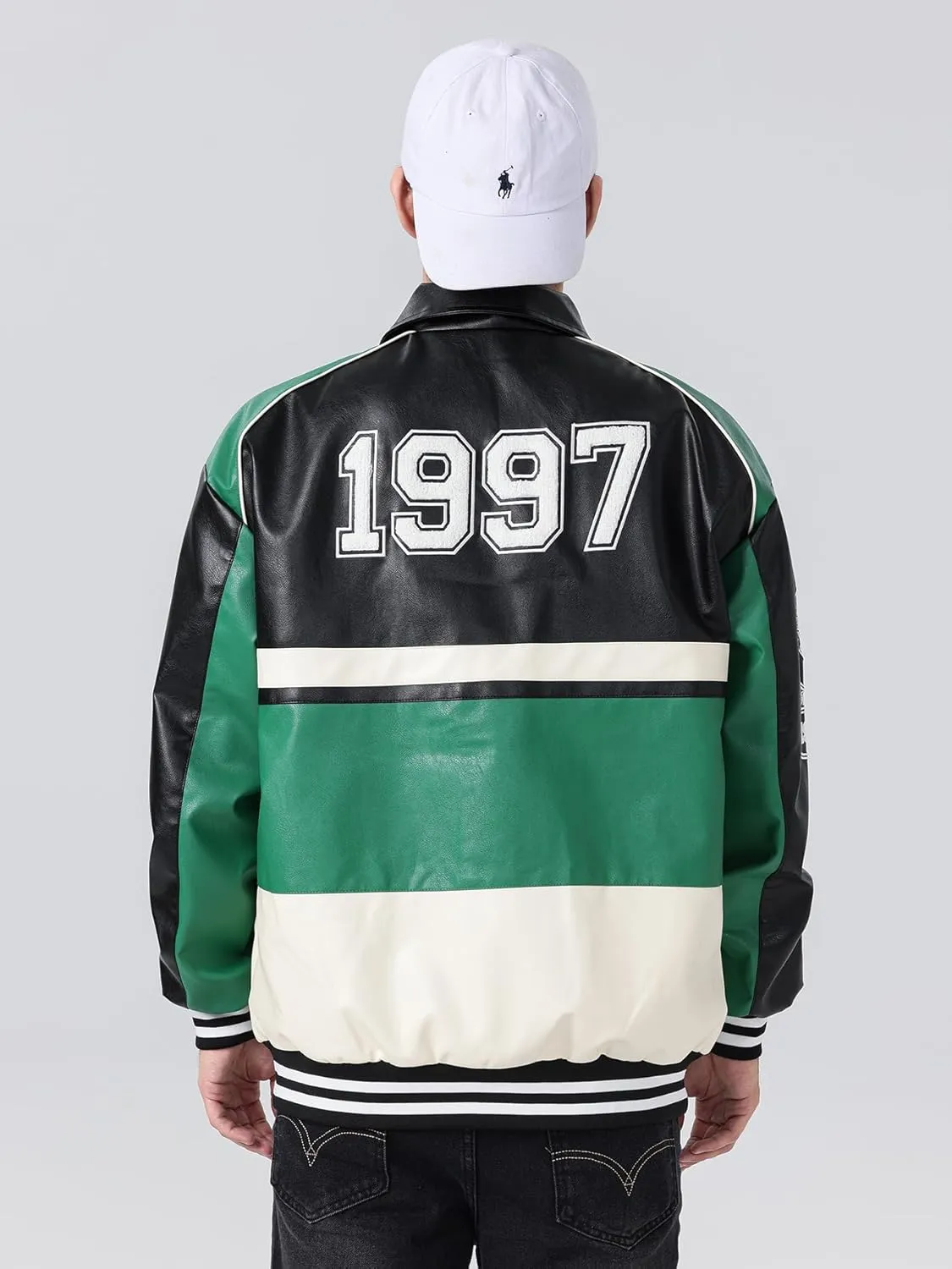 Mens Leather Varsity Jackets Vintage Graphic Racing Motorcycle Bomber Jackets Loose Streetwear Coats Fall&winter