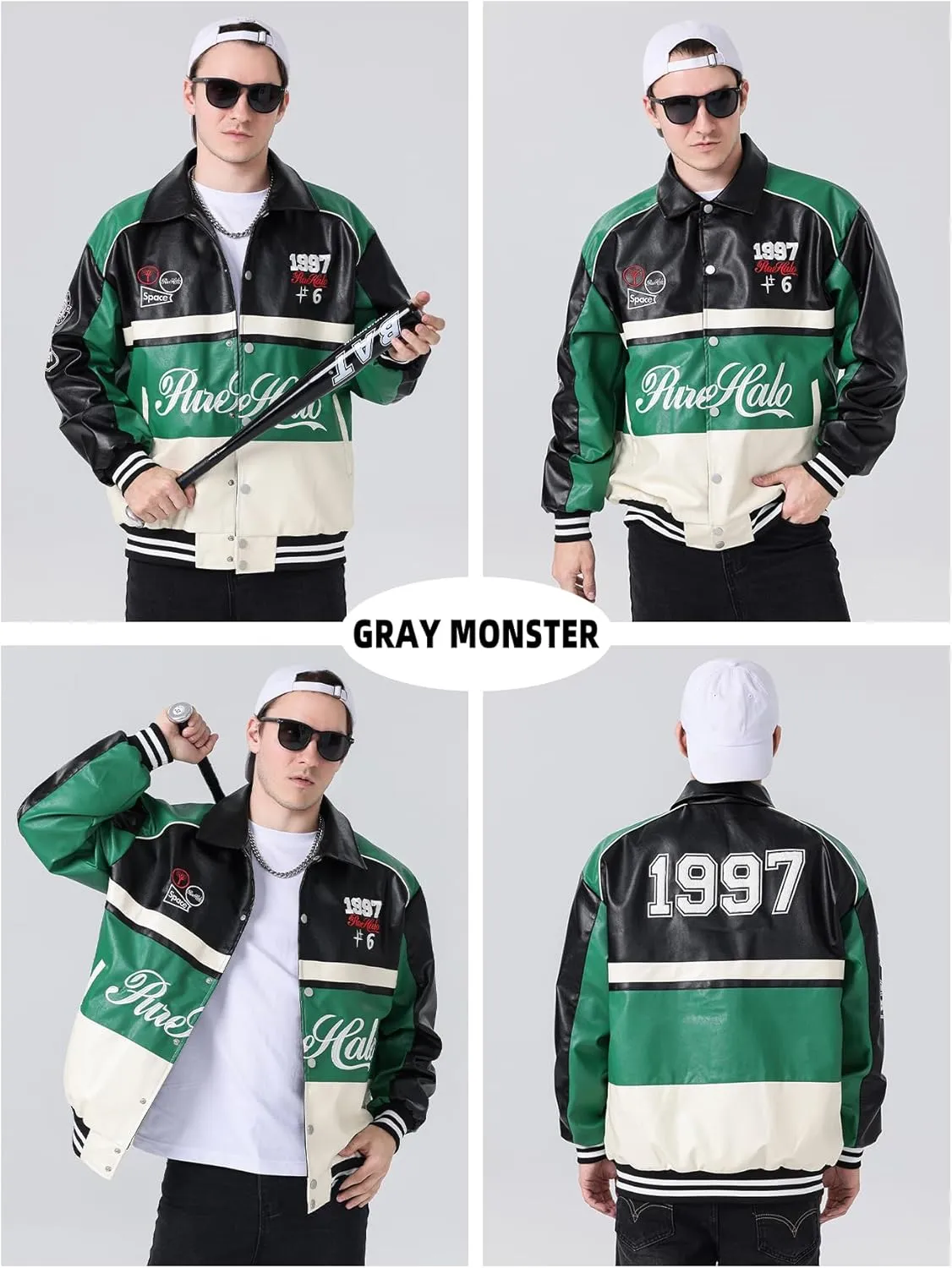 Mens Leather Varsity Jackets Vintage Graphic Racing Motorcycle Bomber Jackets Loose Streetwear Coats Fall&winter