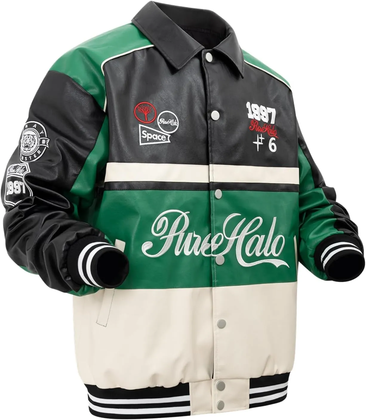 Mens Leather Varsity Jackets Vintage Graphic Racing Motorcycle Bomber Jackets Loose Streetwear Coats Fall&winter