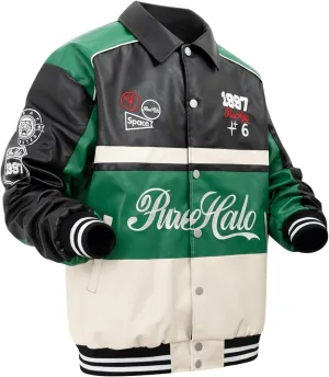 Mens Leather Varsity Jackets Vintage Graphic Racing Motorcycle Bomber Jackets Loose Streetwear Coats Fall&winter