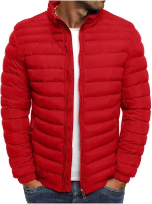 Men's Lightweight Plaid Quilted Jacket Solid Color Loose Jacket Arm Zipper Cotton-Padded Coat Warm Autumn Winter
