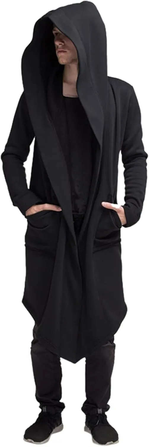 Mens Long Hooded Cardigan Trench Coat Ruffle Shawl Collar Open Front Lightweight Drape Cape Overcoat with Pockets