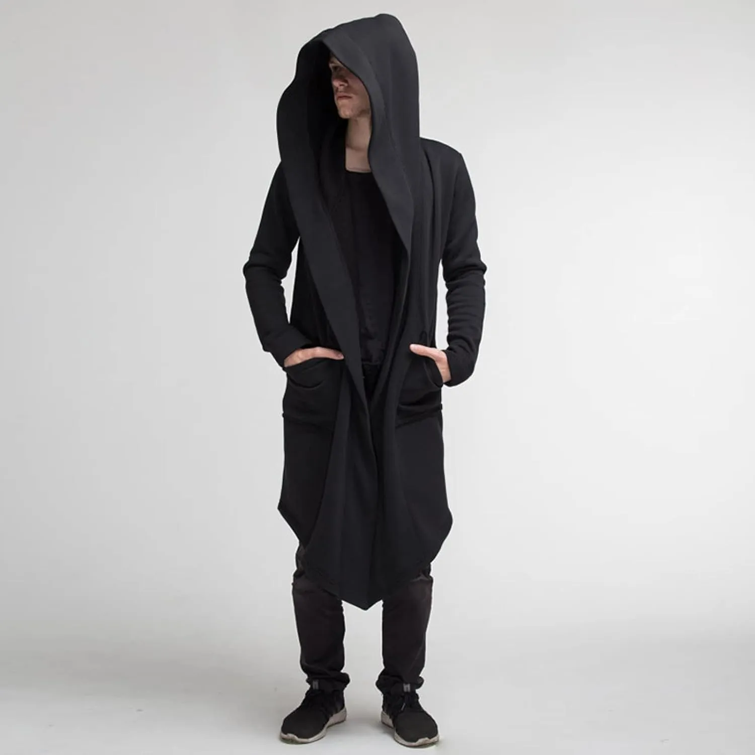 Mens Long Hooded Cardigan Trench Coat Ruffle Shawl Collar Open Front Lightweight Drape Cape Overcoat with Pockets