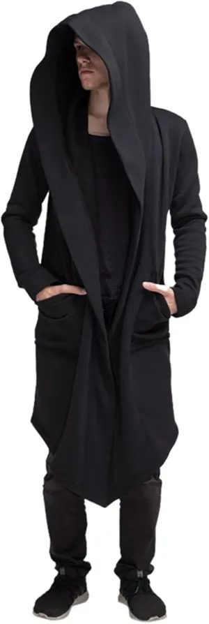 Mens Long Hooded Cardigan Trench Coat Ruffle Shawl Collar Open Front Lightweight Drape Cape Overcoat with Pockets