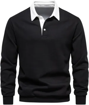Men's Long Sleeve Polo Shirts Slim-fit Cotton Rugby Shirt Basic Color Spliced Designed Sweatshirt