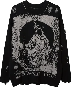 Mens Long Sleeve Printed Cable Knit Sweaters Casual Oversized Crewneck Sweater Pullover