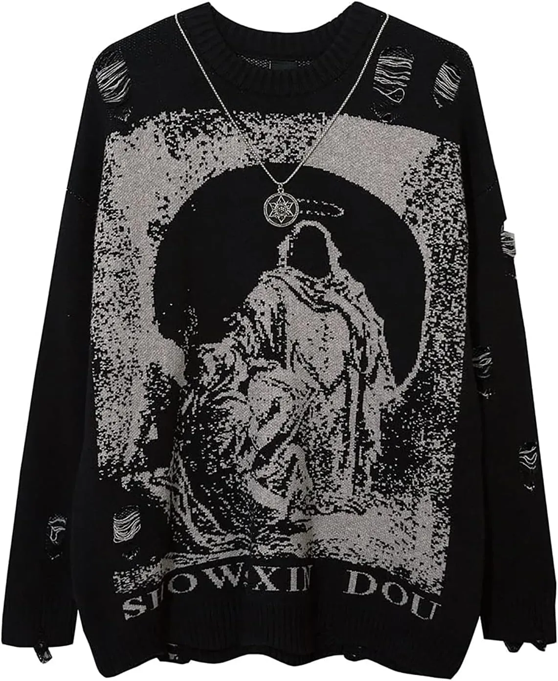 Mens Long Sleeve Printed Cable Knit Sweaters Casual Oversized Crewneck Sweater Pullover