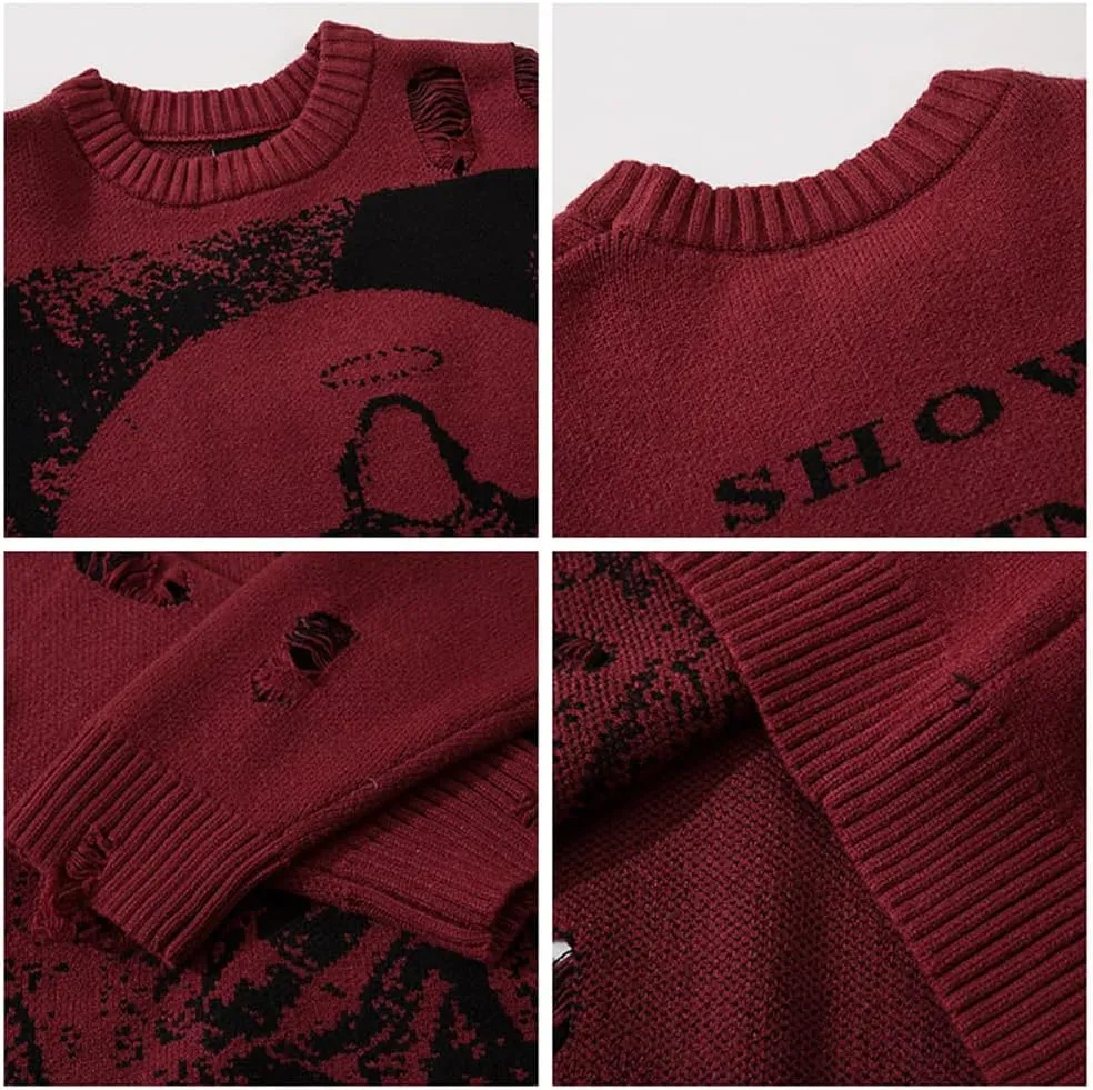 Mens Long Sleeve Printed Cable Knit Sweaters Casual Oversized Crewneck Sweater Pullover