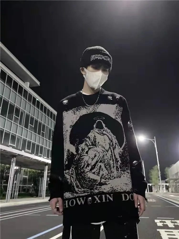 Mens Long Sleeve Printed Cable Knit Sweaters Casual Oversized Crewneck Sweater Pullover
