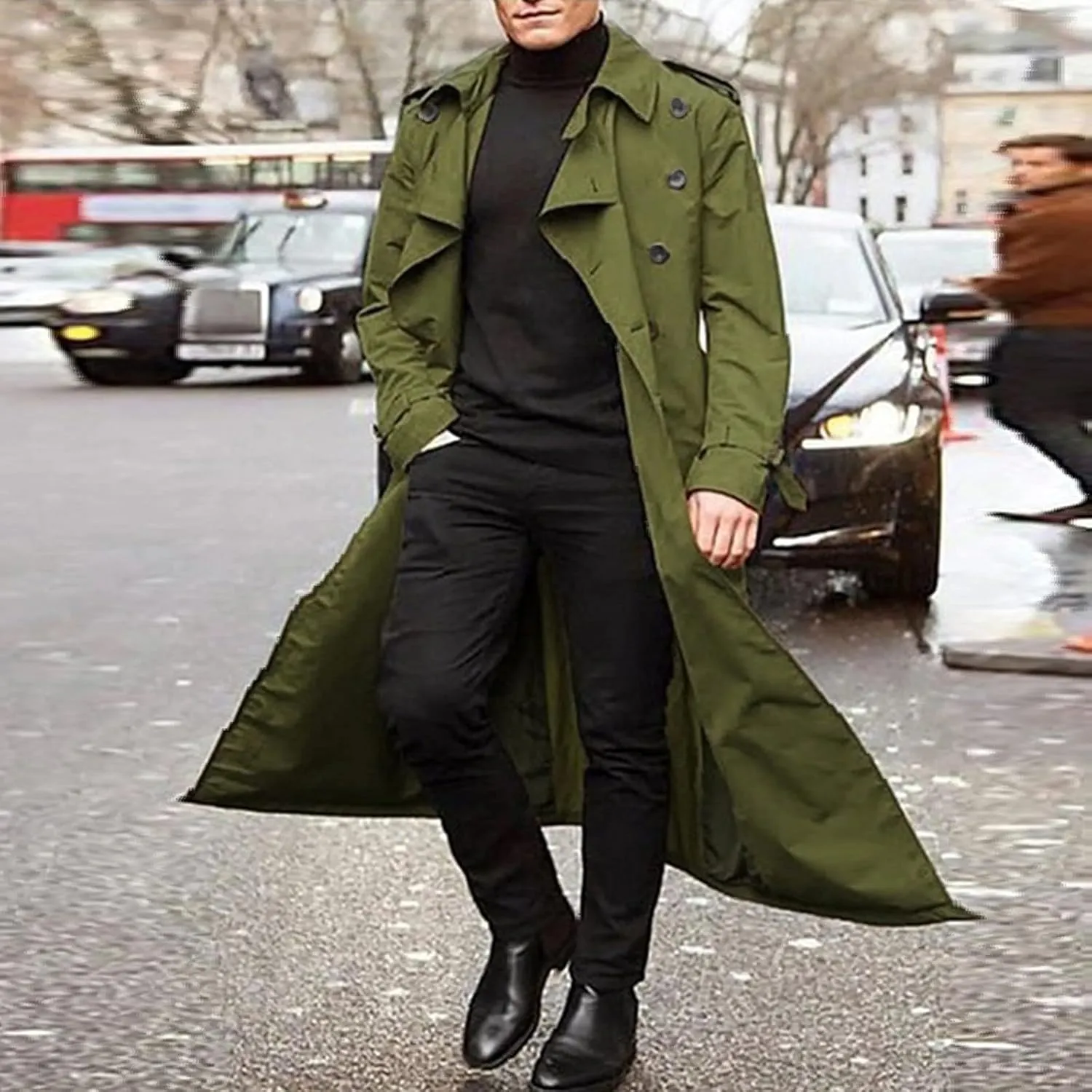 Mens Loose Fit Double Breasted Trench Coats Casual Notch Lapel Collar Windbreaker Windproof Long Jackets Overcoats