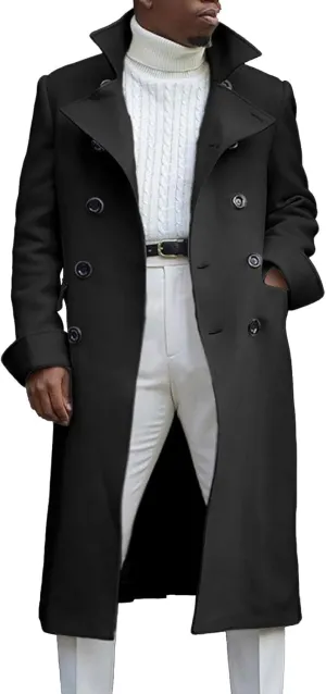 Mens Notch Lapel Double Breasted Long Trench Coat Casual Cotton Peacoats Windbreaker Long Jacket Windproof Overcoats