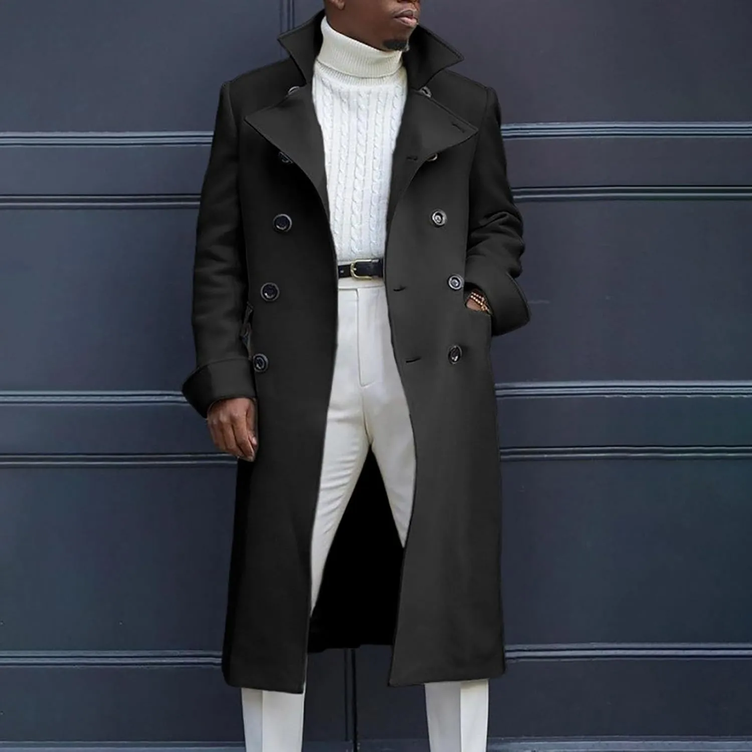 Mens Notch Lapel Double Breasted Long Trench Coat Casual Cotton Peacoats Windbreaker Long Jacket Windproof Overcoats