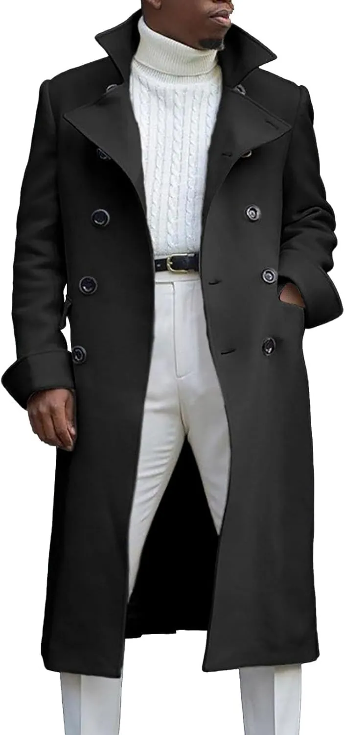 Mens Notch Lapel Double Breasted Long Trench Coat Casual Cotton Peacoats Windbreaker Long Jacket Windproof Overcoats