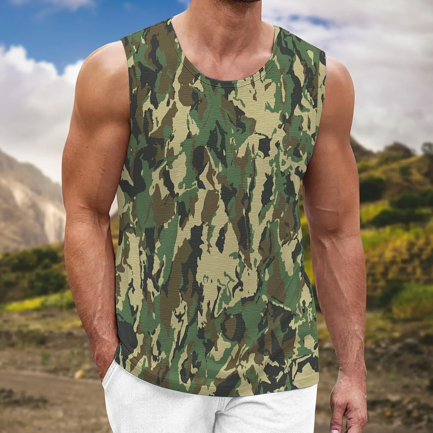 Mens Outdoor Camo Muscle Cut Off T Shirt Stringer Bodybuilding Workout Tank Tops Sleeveless Crewneck Military Shirts