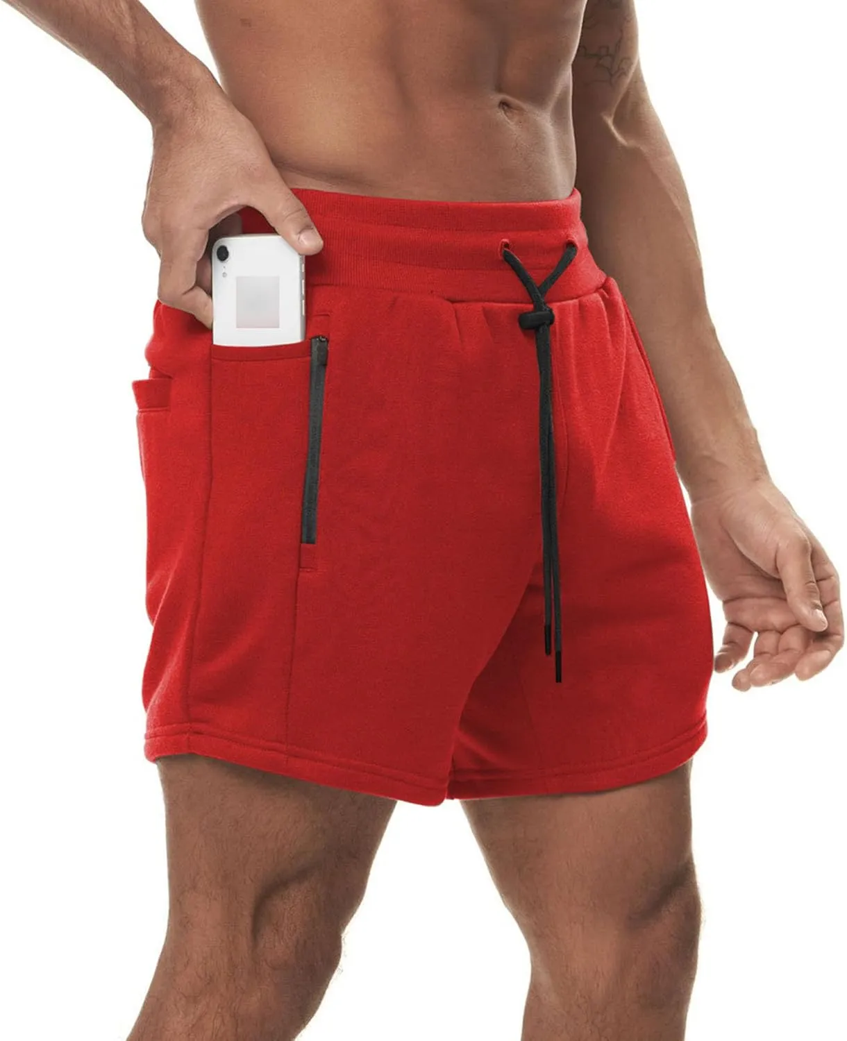 Men's Outdoor Drawstring Fitness Zip Pocket Shorts Tight Fit Athletic Running Shorts Breathable Workout Gym Shorts