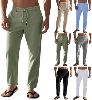 Mens Pants Casual Beach Linen Pants Drawstring Active Golf Pants Tapered Straight Leg Yoga Pants Dress Pants with Pocket
