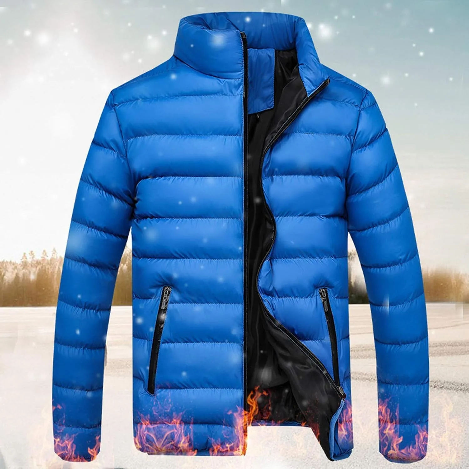 Mens Quilted Puffer Down Jackets Winter Packable Jacket Cotton Padded Full Zip Thick Coats Casual Warm Tops