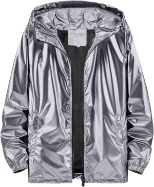 Men's Reflective Trench Jacket Windbreaker Jackets with Hood Lightweight Loose Fit Long Rain Coats Outdoor Jackets