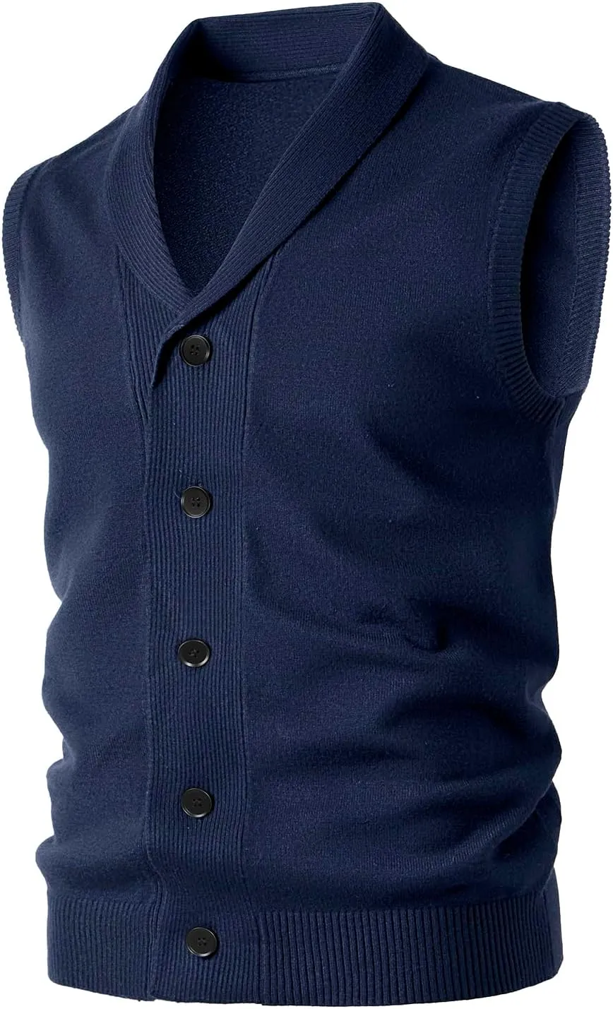 Men's Shawl Collar Sweater Vest Casual Sleeveless Knitted Button Cardigan Vest Knitwear