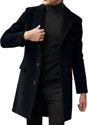 Mens Slim Fit Single Breasted Trench Coats Notched Collar Mid Long Jackets Casual Windproof Pea Coats Windbreaker