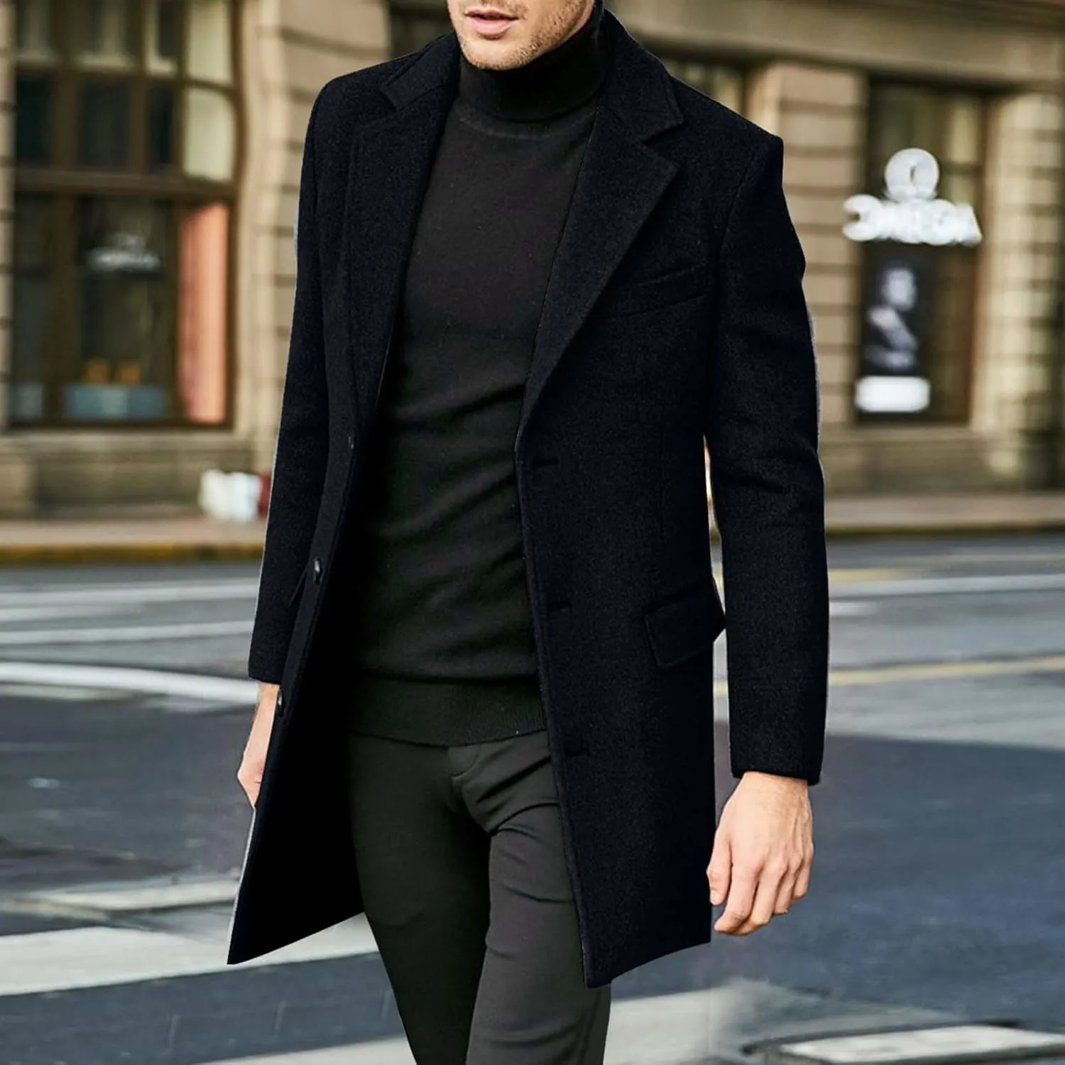 Mens Slim Fit Single Breasted Trench Coats Notched Collar Mid Long Jackets Casual Windproof Pea Coats Windbreaker