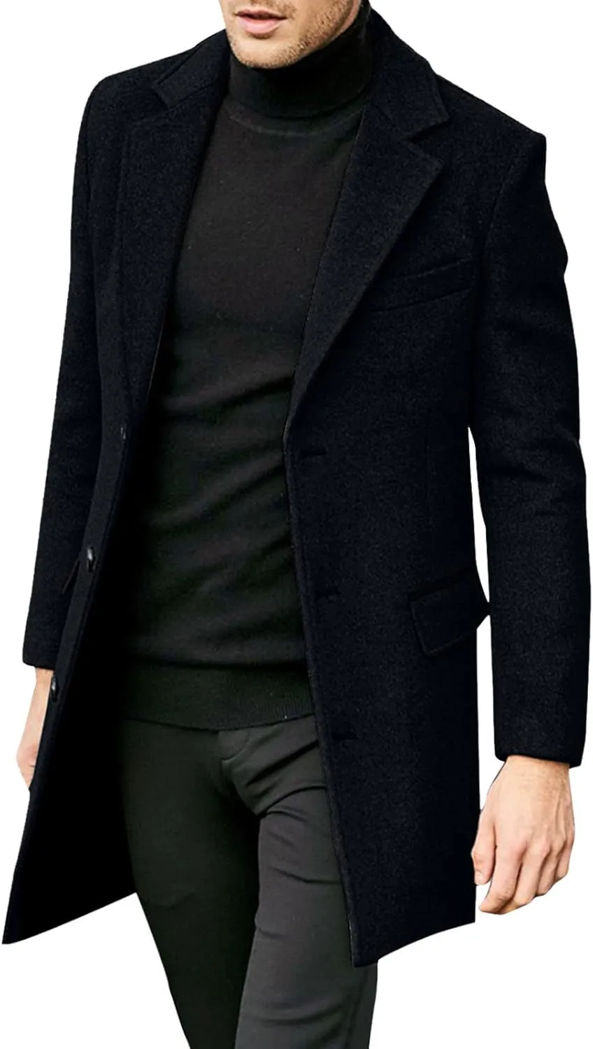 Mens Slim Fit Single Breasted Trench Coats Notched Collar Mid Long Jackets Casual Windproof Pea Coats Windbreaker