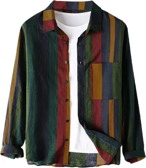 Men's Striped Shirts Casual Long Sleeve Button Down Shirts Relaxed Fit Vintage Work Dress Shirts Beach Hawaiian Shirts