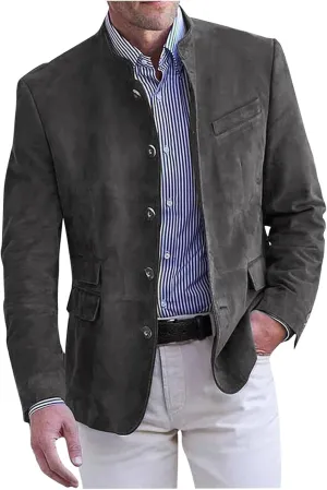 Men's Suede Blazer Jacket Single Breasted Collarless Sport Coats Slim Fit Long Sleeve Casual Suit Jackets