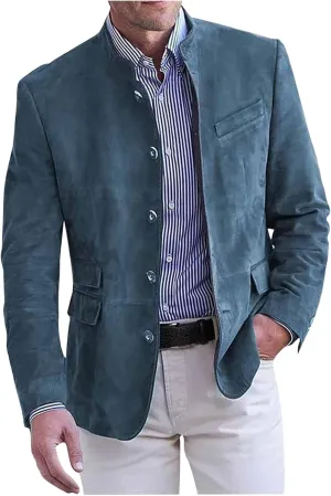 Men's Suede Blazer Jacket Single Breasted Collarless Sport Coats Slim Fit Long Sleeve Casual Suit Jackets