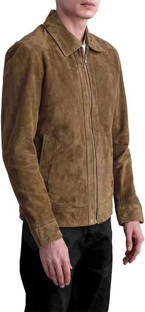 Men's Suede Shirt Zipper Jacket Full Zip Casual Vintage Jackets Suede Leather Jackets for Mens