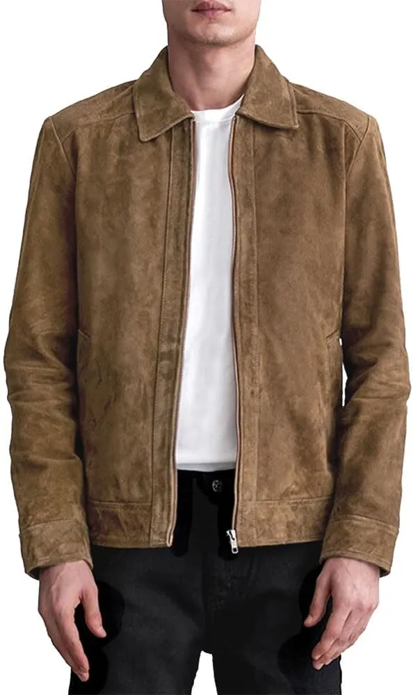 Men's Suede Shirt Zipper Jacket Full Zip Casual Vintage Jackets Suede Leather Jackets for Mens